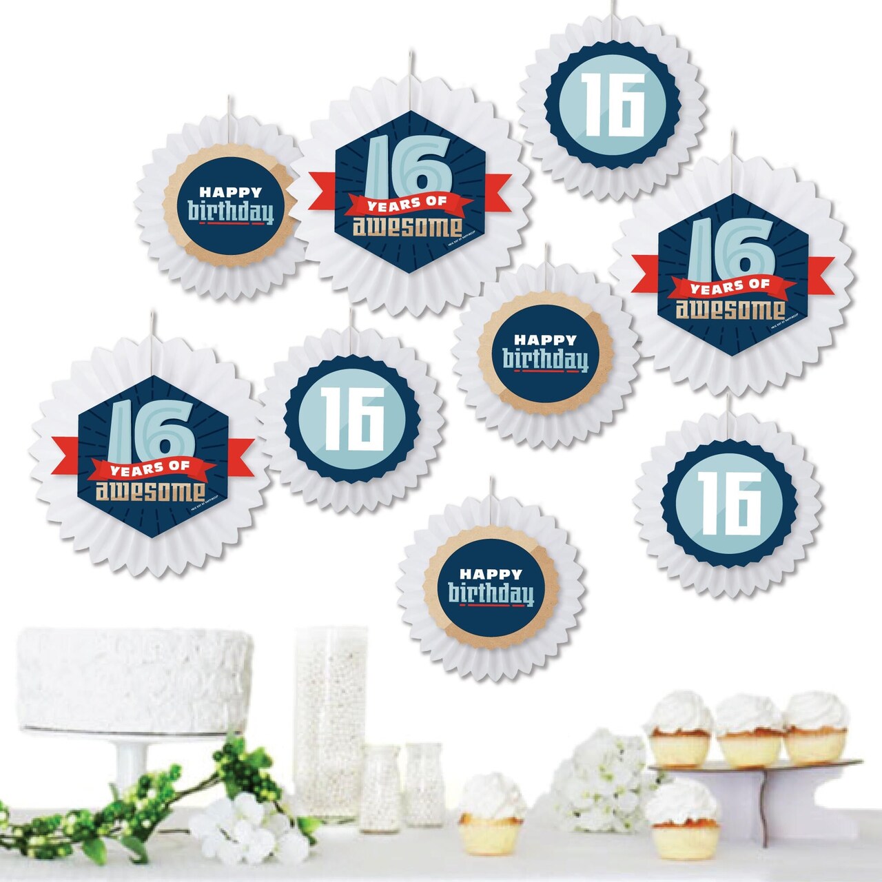 Big Dot of Happiness Boy 16th Birthday - Hanging Sweet Sixteen Birthday Party Tissue Decoration Kit - Paper Fans - Set of 9